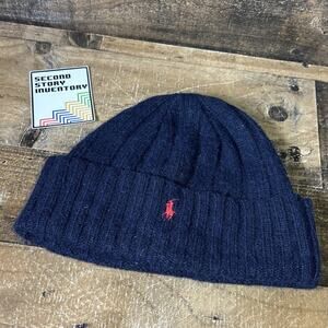 Polo Ralph Lauren Unisex Knit Hat Navy Blue Lambs Wool Nylon Beanie Winter Cap